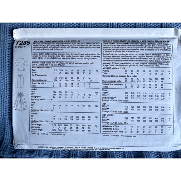 Simplicity 7235 pattern blazer pencil skirt culottes split skirt size 8-20 - Picture 3 of 5